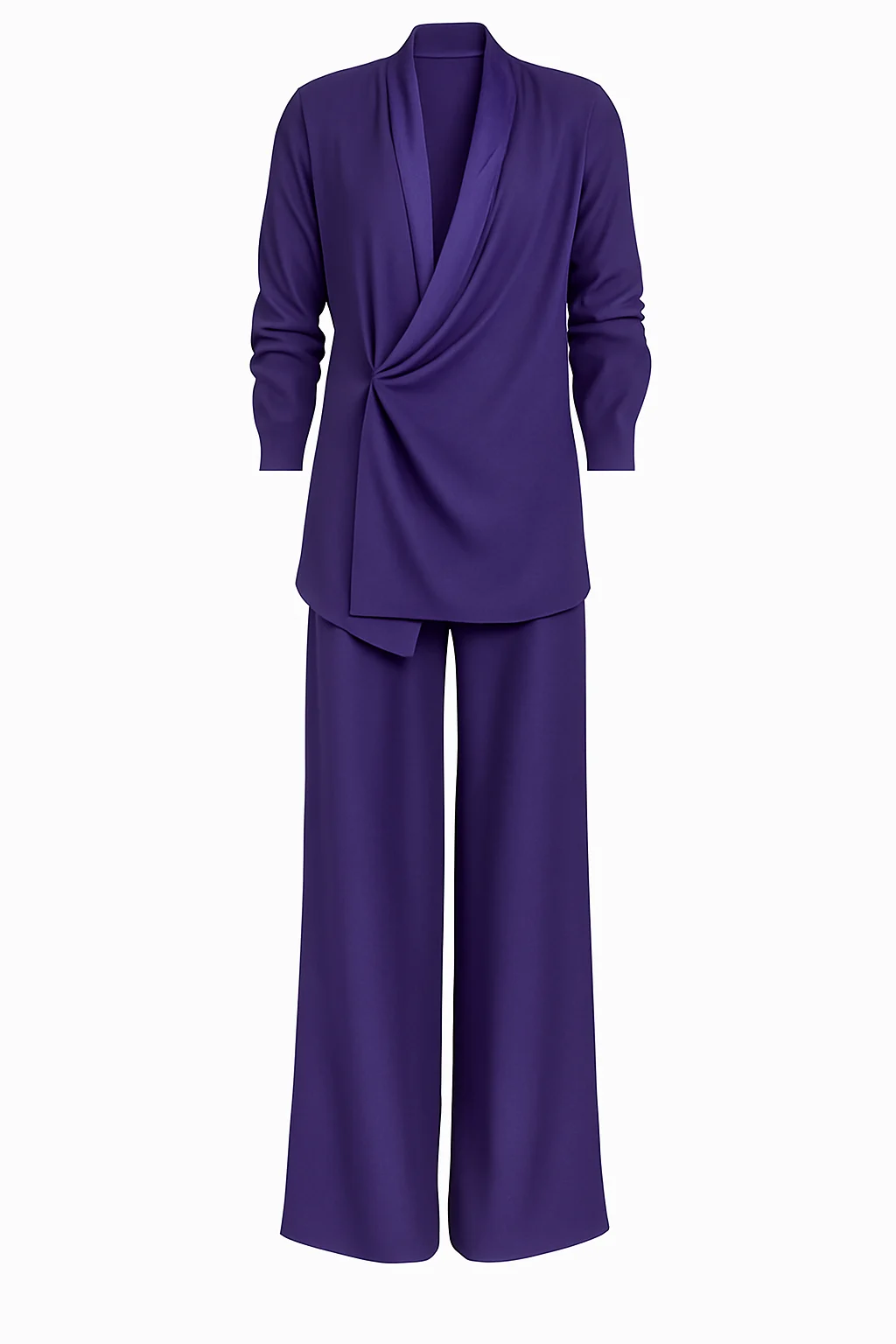 1. Set complet bleumarin indigo din viscoză, bluză petrecută și pantaloni palazzo, pe fundal alb. Viscose Wrap Blouse & Palazzo Pants Set - Image 1
