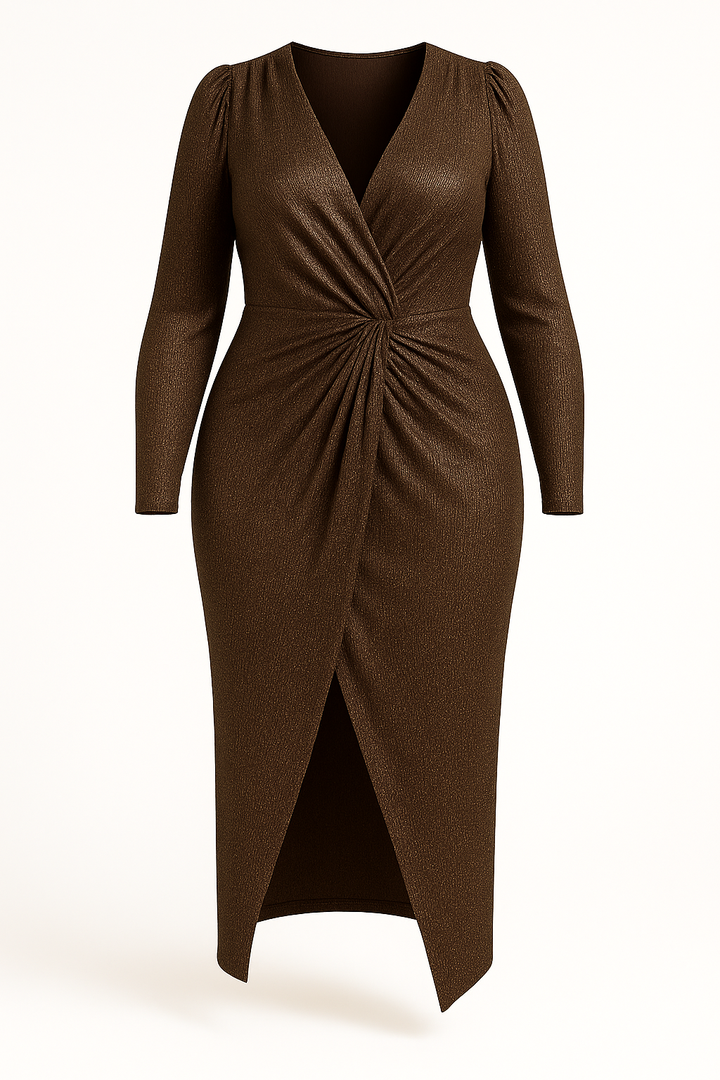 1.Rochie midi elegantă aramie cu nod frontal L fata Draped Midi Dress in Elastic Metallic Crepe - imagine 1