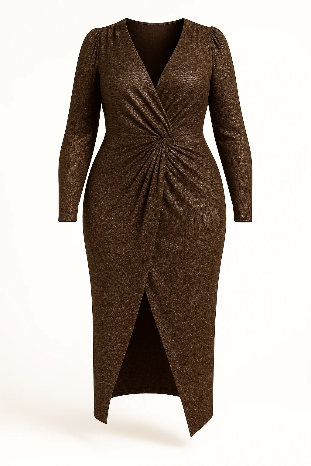 1.Rochie midi elegantă aramie cu nod frontal L fata Draped Midi Dress in Elastic Metallic Crepe - Image 1