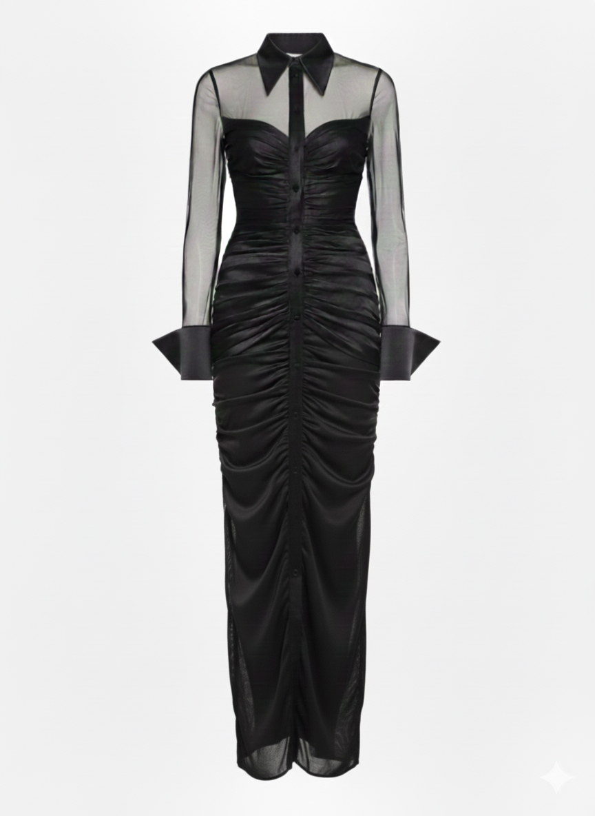 H--1 Model feminin purtând o rochie neagră transparentă din silk mesh la un eveniment exclusivist. Rochia are detalii sculpturale încrețite și un guler dramatic, oferind un look sofisticat și modern (2) Sheer Silk Mesh Evening Dress with Taffeta Collar & Cuffs - imagine 1