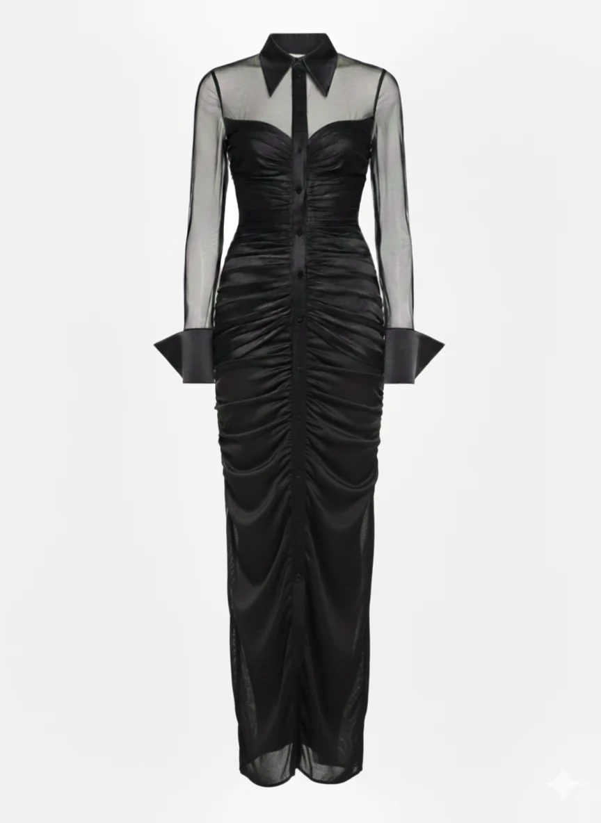 H--1 Model feminin purtând o rochie neagră transparentă din silk mesh la un eveniment exclusivist. Rochia are detalii sculpturale încrețite și un guler dramatic, oferind un look sofisticat și modern (2) Sheer Silk Mesh Evening Dress with Taffeta Collar & Cuffs - Image 1