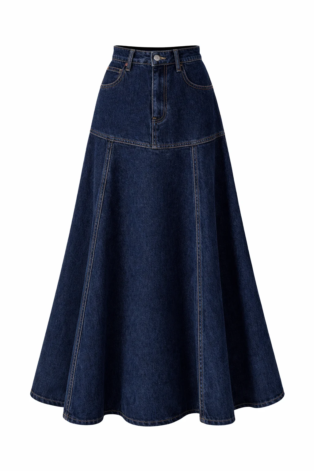 H002 denim skirt maxi classic blue shade (1) Denim Maxi Skirt with Flared Silhouette - Image 1