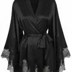 Black Satin Silk Kimono with Chantilly Lace