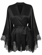 Black Satin Silk Kimono with Chantilly Lace