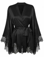 Black Satin Silk Kimono with Chantilly Lace