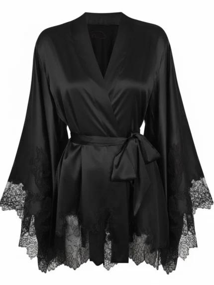 Black Satin Silk Kimono with Chantilly Lace