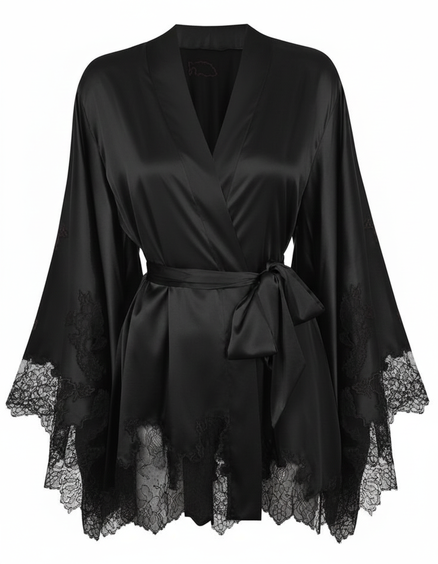Kimono negru din mătase naturală cu aplicații de dantelă Chantilly fata Black Satin Silk Kimono with Chantilly Lace - imagine 1
