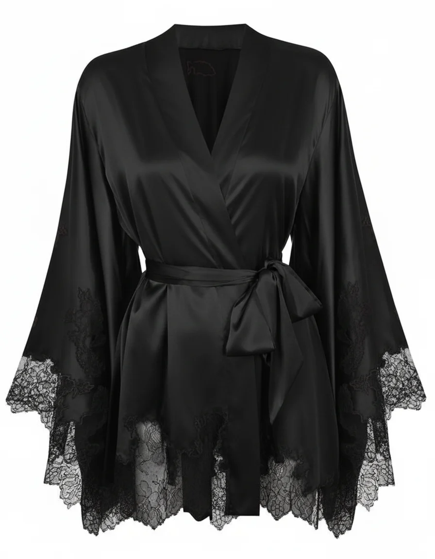 Kimono negru din mătase naturală cu aplicații de dantelă Chantilly fata Black Satin Silk Kimono with Chantilly Lace - Image 1
