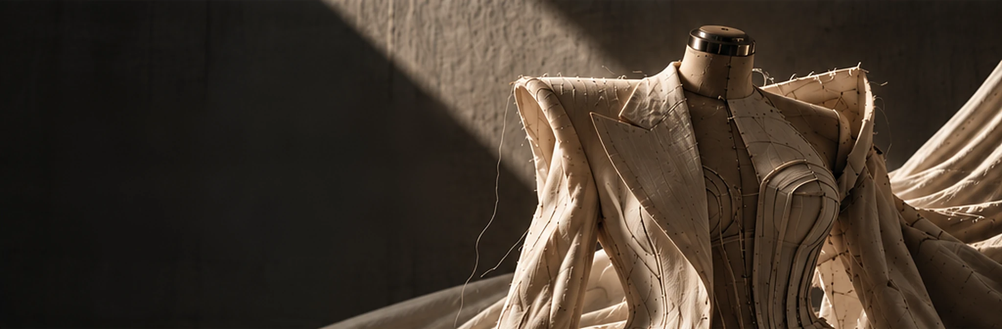 Unfinished sculptural tailored jacket on a dress form, in warm side light
