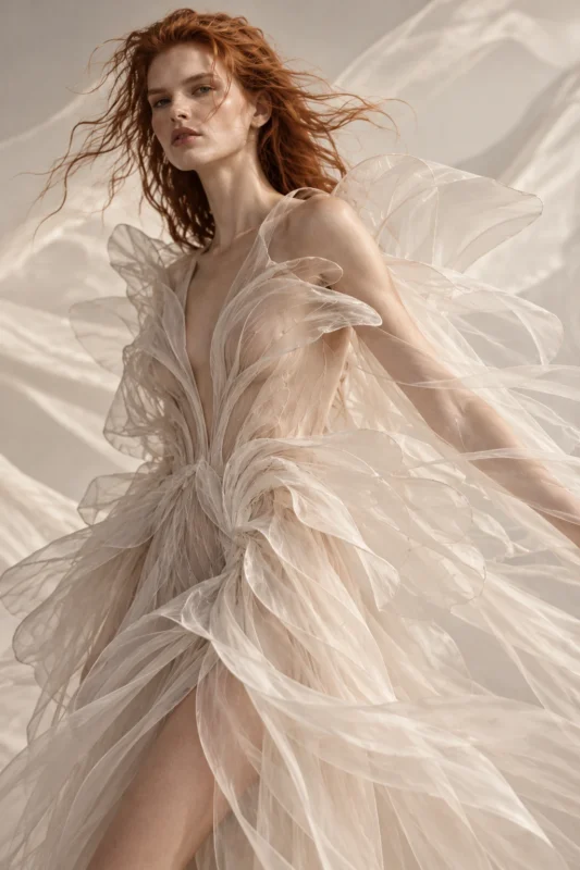 Femeie în rochie vaporoasă din organza ivorie