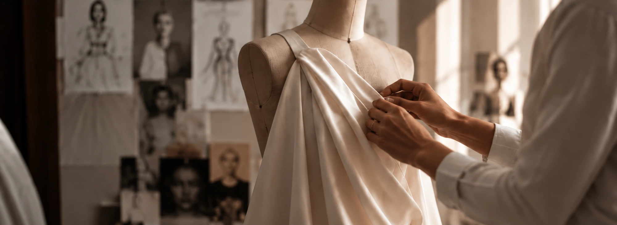 Mâini care drapează mătase ivorie pe un manechin de croitorie, în atelier