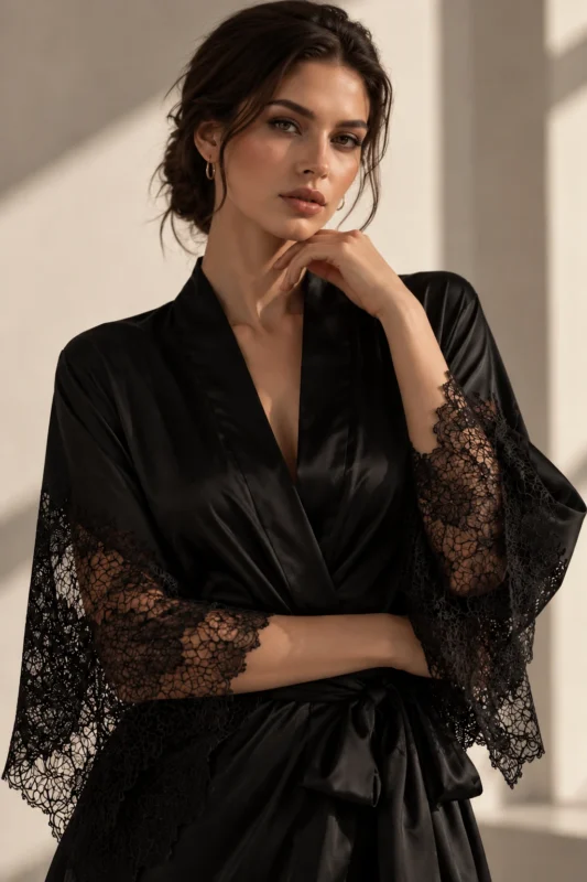 Femeie în kimono negru din satin cu mâneci din dantelă